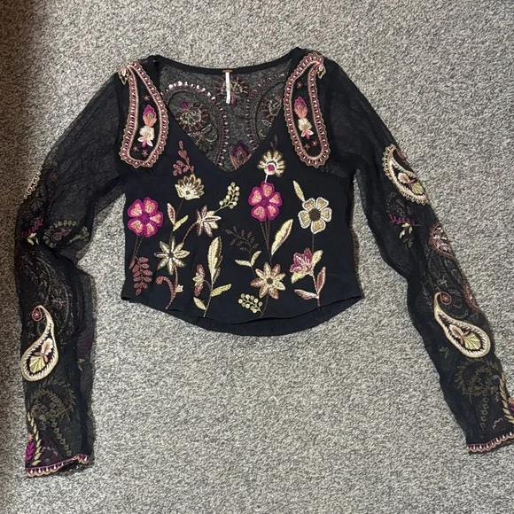 Free People Black Floral Embroidered Blouse - Picture 1 of 6